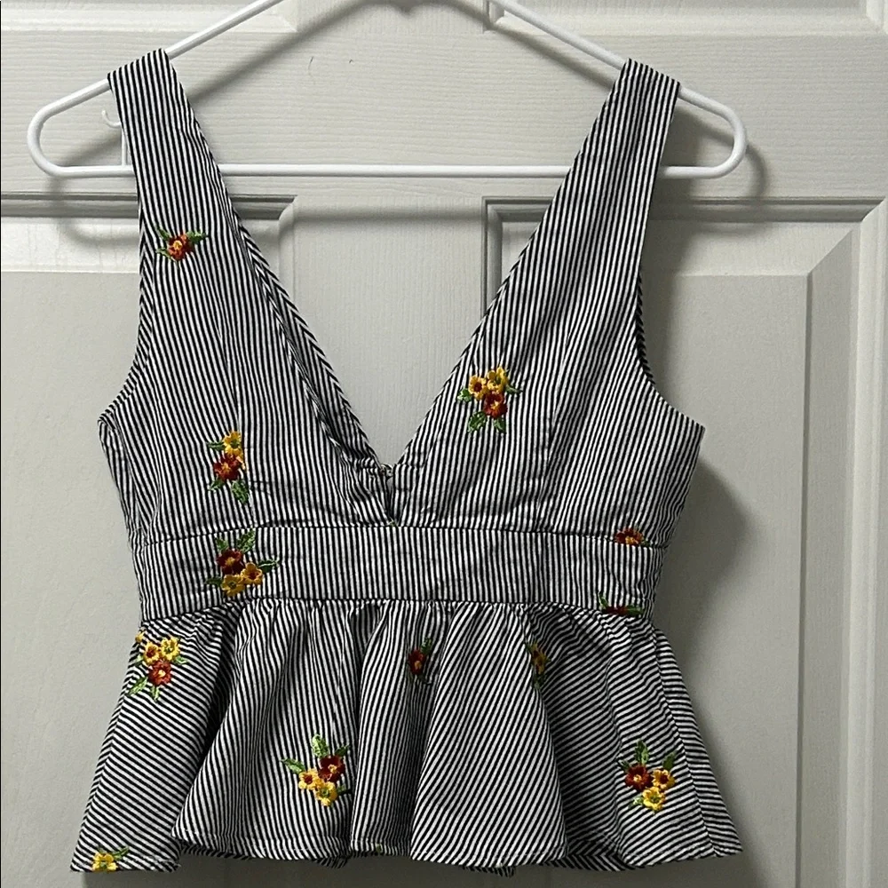Forever 21 Contemporary Striped Floral Embroidered Babydoll Peplum Top Size S - Picture 6 of 14